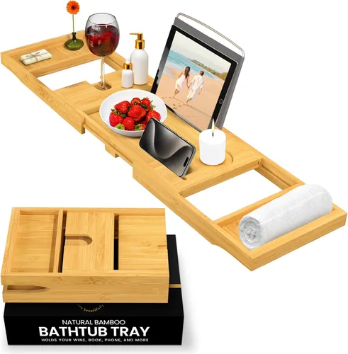 Vista 9 de Bambüsi Mesa de bandeja de bañera, plegable y ajustable, bandeja de bañera de bambú plegable, accesorios de bañera de madera, regalos únicos