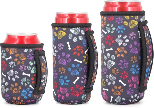Vista 33 de 3 Pack de fundas aisladas reutilizables de neopreno con asa para soda, bebida energética, refresco, cerveza, seltzer duro, fundas para latas de 12
