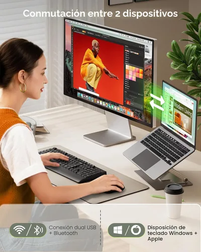 Vista 2 de seenda COE200 - Combo de teclado y mouse Bluetooth inalámbrico, ergonómico con reposamuñecas, conexión multidispositivo, tamaño completo, compatible