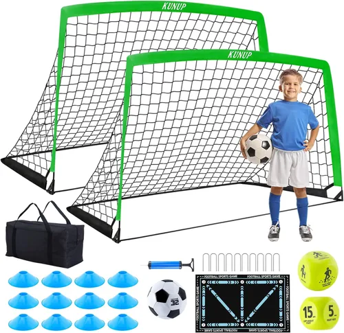 Vista 15 de 2 Set Kids Soccer Goals for Backyard with Training Equipment, Portable Foldable Practice Nets with Ball, Dice & Mat, Cones, Air Pump and Carry Bag