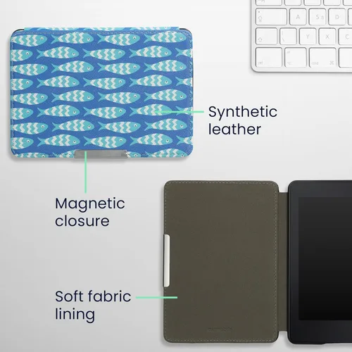 Vista 5 de kwmobile Funda compatible con Yaxa Kindle PaperWhite - Funda para lector electrónico - Azul pez pequeño/azul claro/blanco