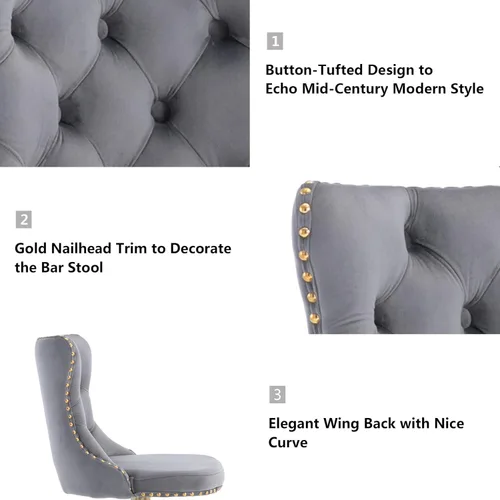 Vista 204 de Aoowow Juego de 2 taburetes de bar giratorios, taburetes de bar ajustables con respaldo de terciopelo copetudo, sillas de bar modernas tapizadas
