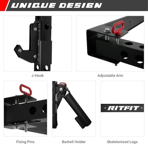 Vista 5 de RitFit 2.36'' x 2.36'' Folding Squat Rack for Home Gym, Wall Mounted Squat Rack with Attachments - Space Saving Squat Power Rack