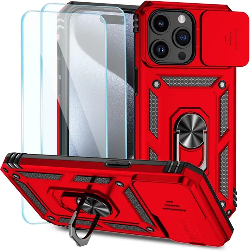 Vista 13 de SunStory Funda compatible con iPhone 15 con protector de pantalla HD, cubierta de cámara deslizante y soporte de anillo giratorio, [grado militar]