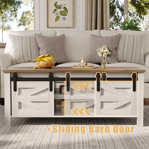 Vista 4 de Furmax Mesa de centro con almacenamiento y puertas corredizas de granero, mesa de sala de estar de granja con estantes ajustables, mesa central