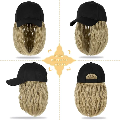 Vista 2 de Gorra de béisbol con extensiones de cabello, peluca ajustable, gorra rizada de 14 pulgadas, peluca sintética para mujer, rubio ceniza