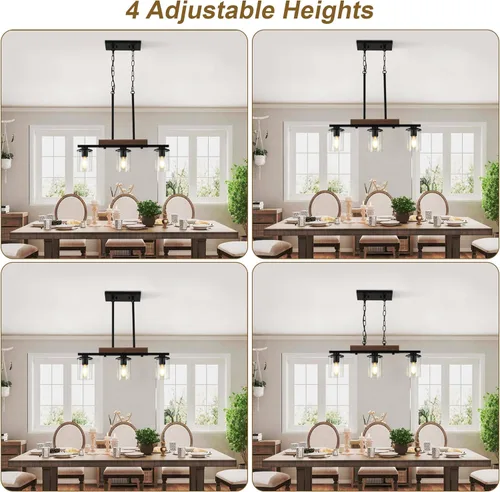 Vista 5 de Lámpara de isla de cocina de 23.6 pulgadas, lámpara de 3 luces para comedor sobre mesa, lámpara colgante de techo de madera rústica moderna negra