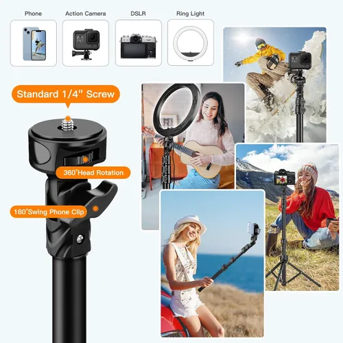 Vista 5 de Trípode para teléfono, trípode de 70 pulgadas para teléfono, soporte de trípode para selfie stick para grabar video fotos, vlog, trípodes de viaje
