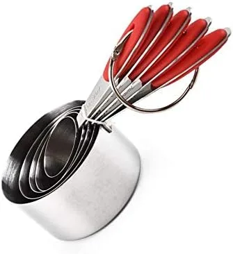 Vista 2 de Tazas medidoras y cucharas medidoras de acero inoxidable con mango de silicona, juego de 10 incluye 5 tazas medidoras y 5 cucharas medidoras (rojo)