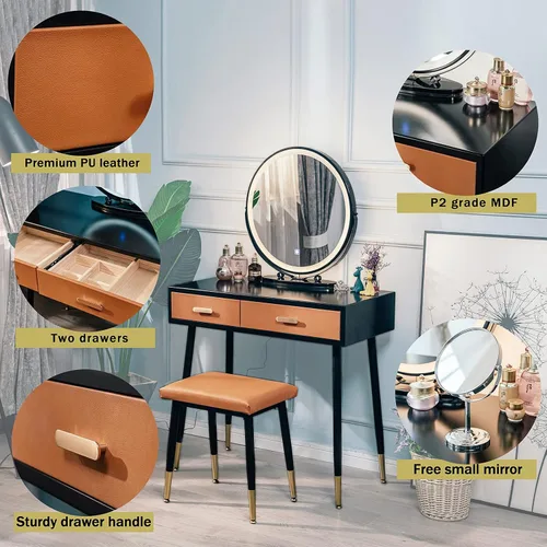 Vista 2 de ARTETHYS Mesa de tocador con espejo iluminado y banco de tocador acolchado, juego de tocador de maquillaje con 2 cajones grandes, tocador