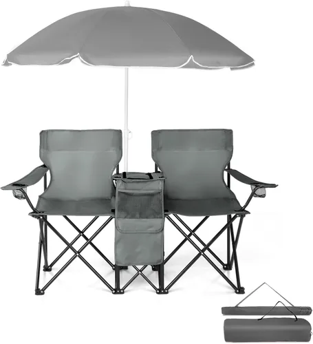 Havemies Grey Folding Camping Chair with Detachable Sunshade, 2-Person Portable Outdoor Seat for Family Beach & Picnic, Adjustable Umbrella with UPF