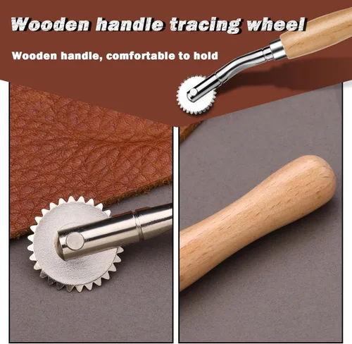 Vista 4 de Nitlak 2 ruedas de trazado con mango de madera, rueda de acero inoxidable, rueda de rastreo de costura para patrones de costura, perforador