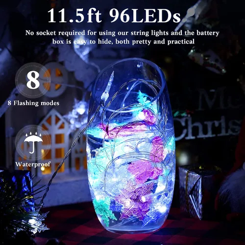 Vista 2 de Guirnalda de luces de copo de nieve de Navidad, 20 pies, 40 luces LED, funciona con pilas, impermeable, iluminación parpadeante, decoración