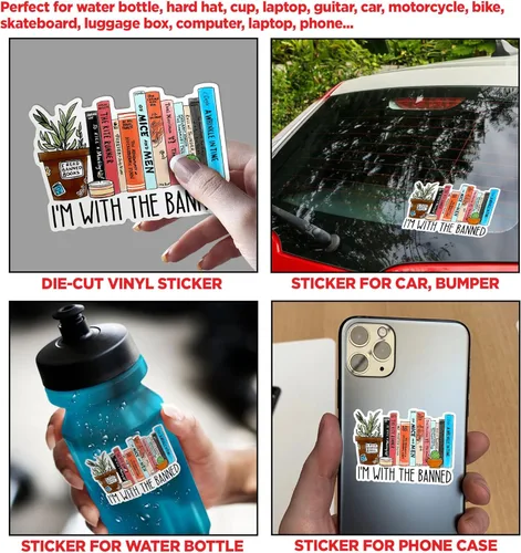 Vista 2 de Calcomanías de vinilo impermeable troqueladas con texto en inglés «I'm with the Banned», libros prohibidos, para amantes de los libros, 3 pulgadas