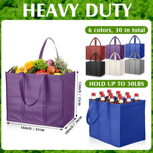 Vista 4 de Hillban Paquete de 30 bolsas de comestibles reutilizables a granel resistentes grandes bolsas de compras lavables plegables con asas