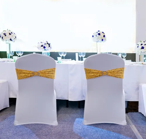 Vista 6 de Paquete de 50 bandas de lentejuelas doradas para silla, con purpurina, con hebilla para bodas, fiestas de cumpleaños, despedidas de soltera
