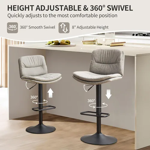 Vista 11 de Juego de 3 taburetes de bar giratorios tapizados de doble capa con respaldo, taburete de bar ajustable de 24 a 32 pulgadas, taburetes de bar de piel