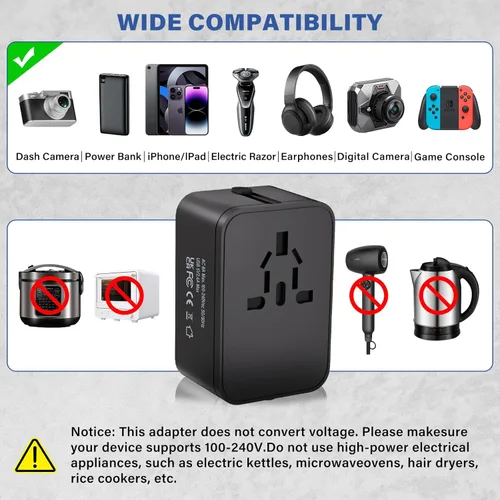 Vista 5 de Adaptador de enchufe de viaje con 2 USB A+1 USB C, adaptador de viaje universal todo en uno, convertidores de corriente, cargador de pared