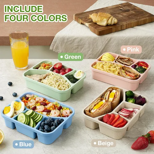 Vista 7 de 4 Pack Bento Lunch Box, 4 Compartment Wheat Straw Meal Prep Containers for Kids/Toddle/Adults, BPA Free Reusable Food Storage Containers, Durable