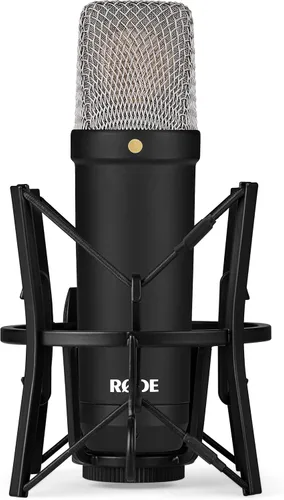 Vista 3 de Micrófono condensador Rode NT1 Signature Series con interfaz de audio USB Scarlett Solo de 4ª generación, soporte de micrófono con brazo On-Stage