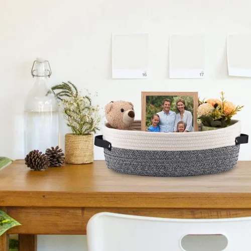 Vista 8 de Cesta pequeña tejida de cuerda de algodón para papel higiénico, cestas para organizar, cesta decorativa para decoración boho, pequeña cesta de Blanco