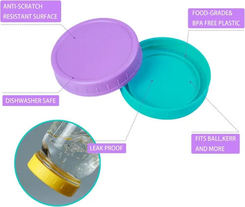 Vista 2 de Jumterlee Paquete de 9 Tapas Azules para Frascos Mason de Boca Regular con Anillos de Silicona, 9 Colores para Elegir, Tapas de Plástico