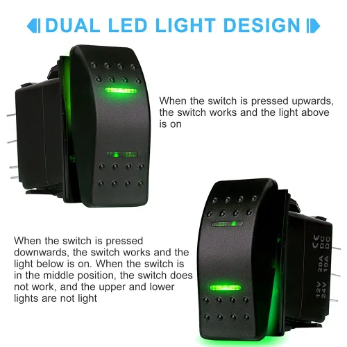 Vista 2 de Interruptor basculante momentáneo (ON) - Apagado (ON) Impermeable 12V/20A 24V/10A 7Pin DPDT luz LED verde, con cables de puente para barco