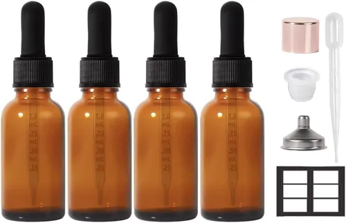 Botella cuentagotas de 1 oz, paquete de 4 botellas de vidrio para aceites, cuentagotas para ojos, aceite de viaje, gotero ámbar con 1 embudo y 6