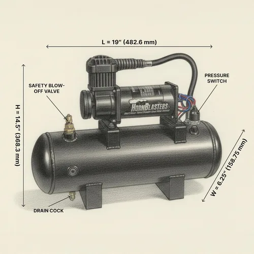 Vista 3 de HornBlasters Outlaw Black 228H Kit de bocina de tren todo en uno de 2 galones, fácil de instalar