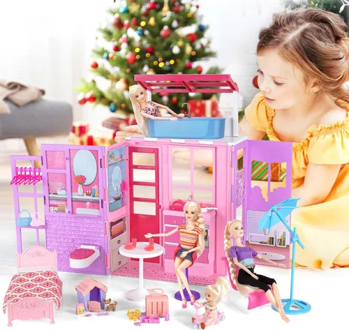 Vista 3 de Casa de muñecas para muñecas de 11.5 pulgadas, casa de muñecas plegable de 2 pisos con 37 piezas de muebles y accesorios, casa de juegos con casa