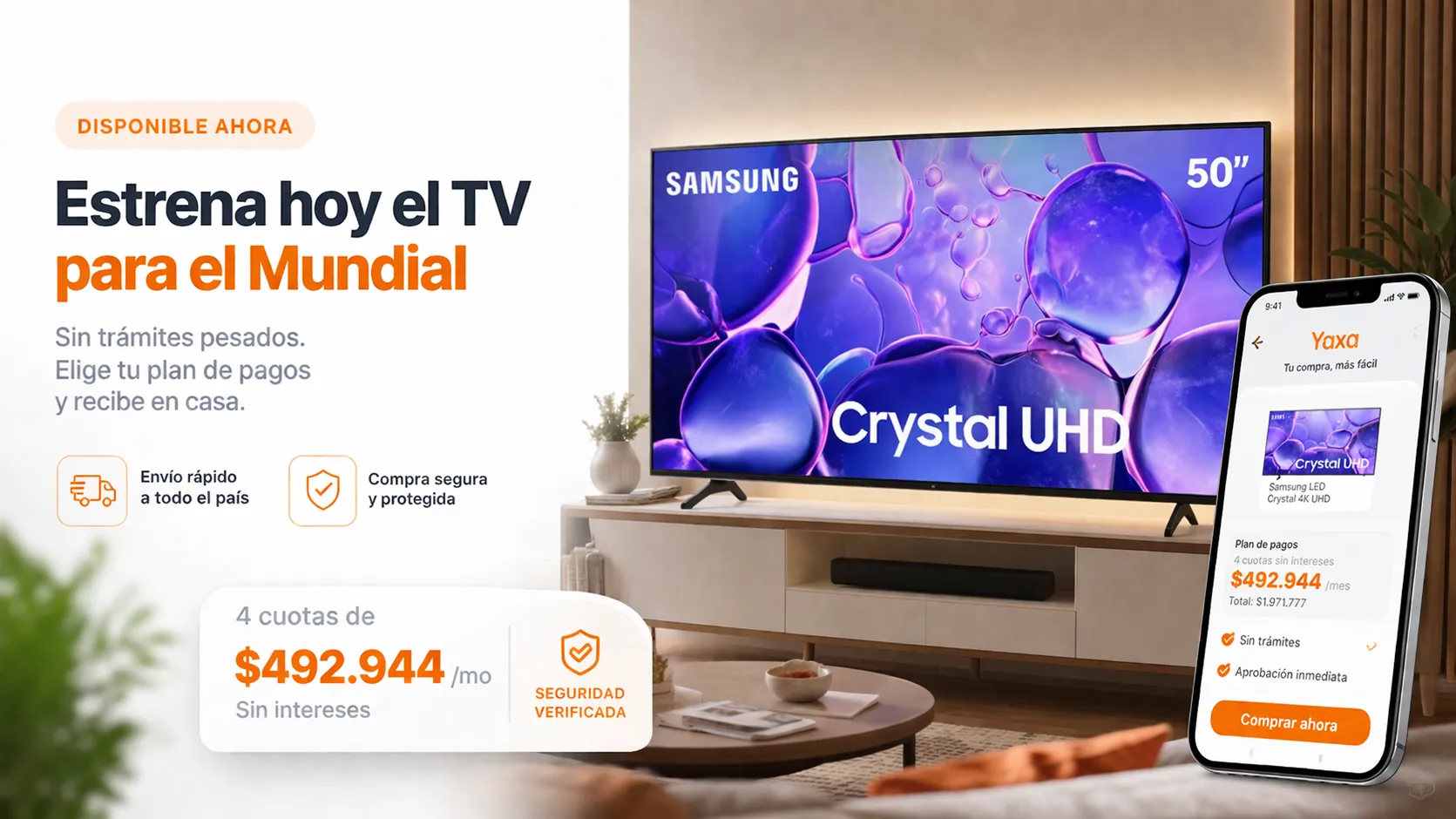 Estrena hoy el TV para el Mundial — Samsung LED 50 Crystal 4K UHD desde $492.944/mes con Yaxa Colombia