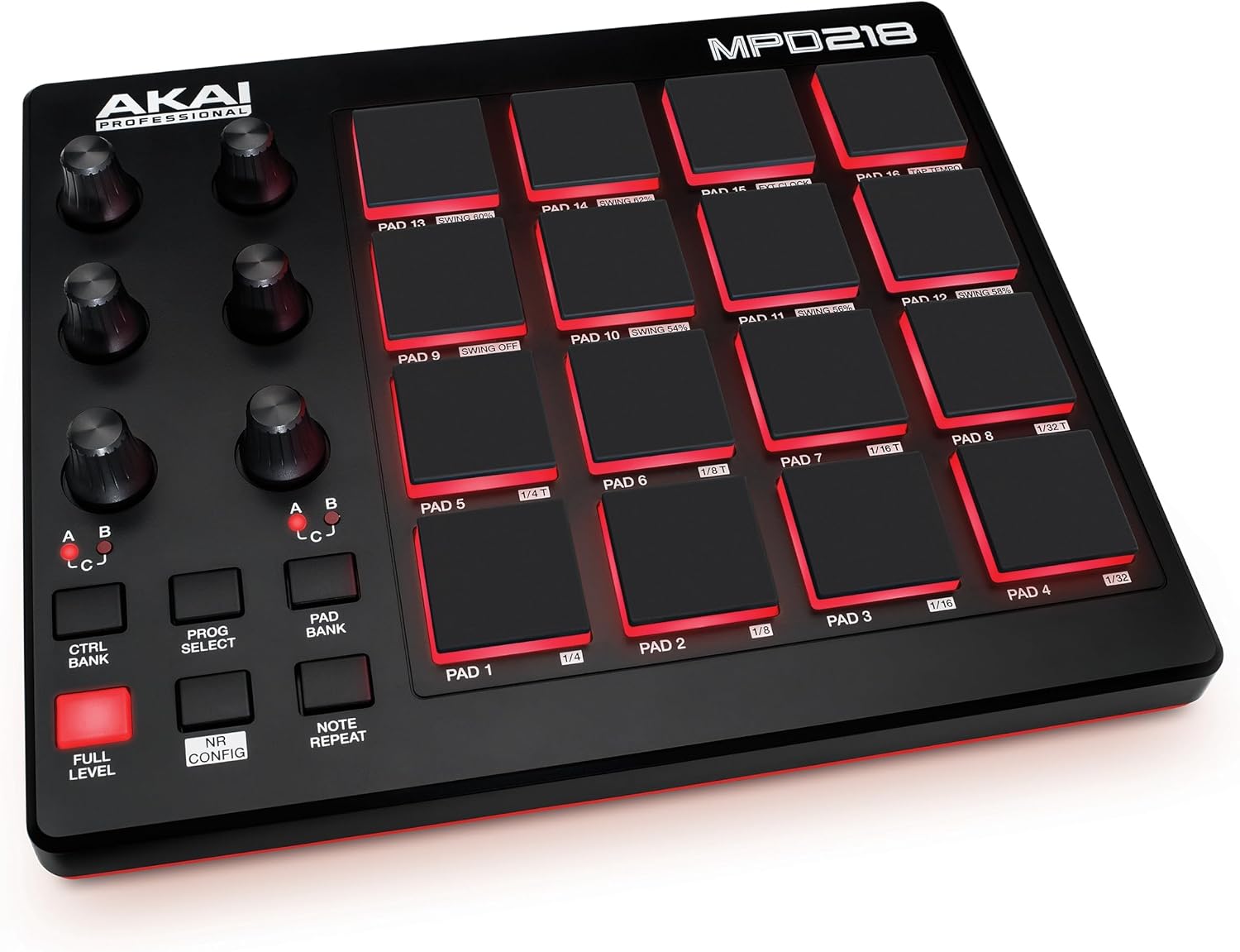 1. AKAI Professional MPD218 - Controlador MIDI alimentado por USB con 16 almohadillas de tambor MPC, 6 perillas asignables, botones de repetición
