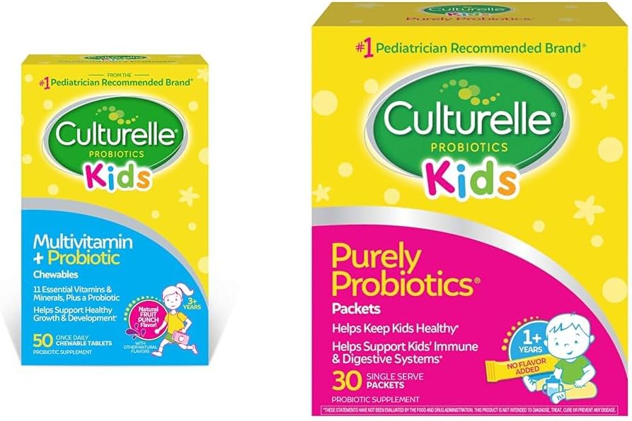 3. Culturelle Kids Complete - Multivitamínico masticable + probiótico, 50 unidades y probiótico diario, 30 paquetes - Probióticos recomendados por