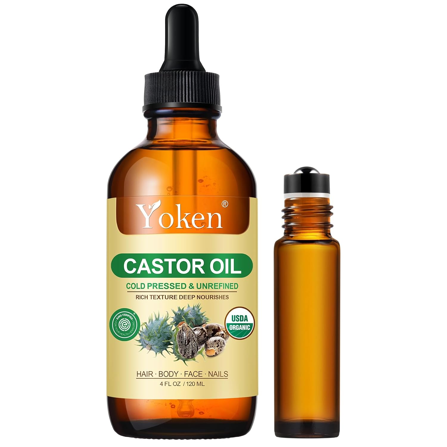 8. Yoken Aceite de ricino verificado por EWG - Botella de vidrio de 4 onzas – 100% puro, prensado en frío, sin hexano, aceites de ricino virgen