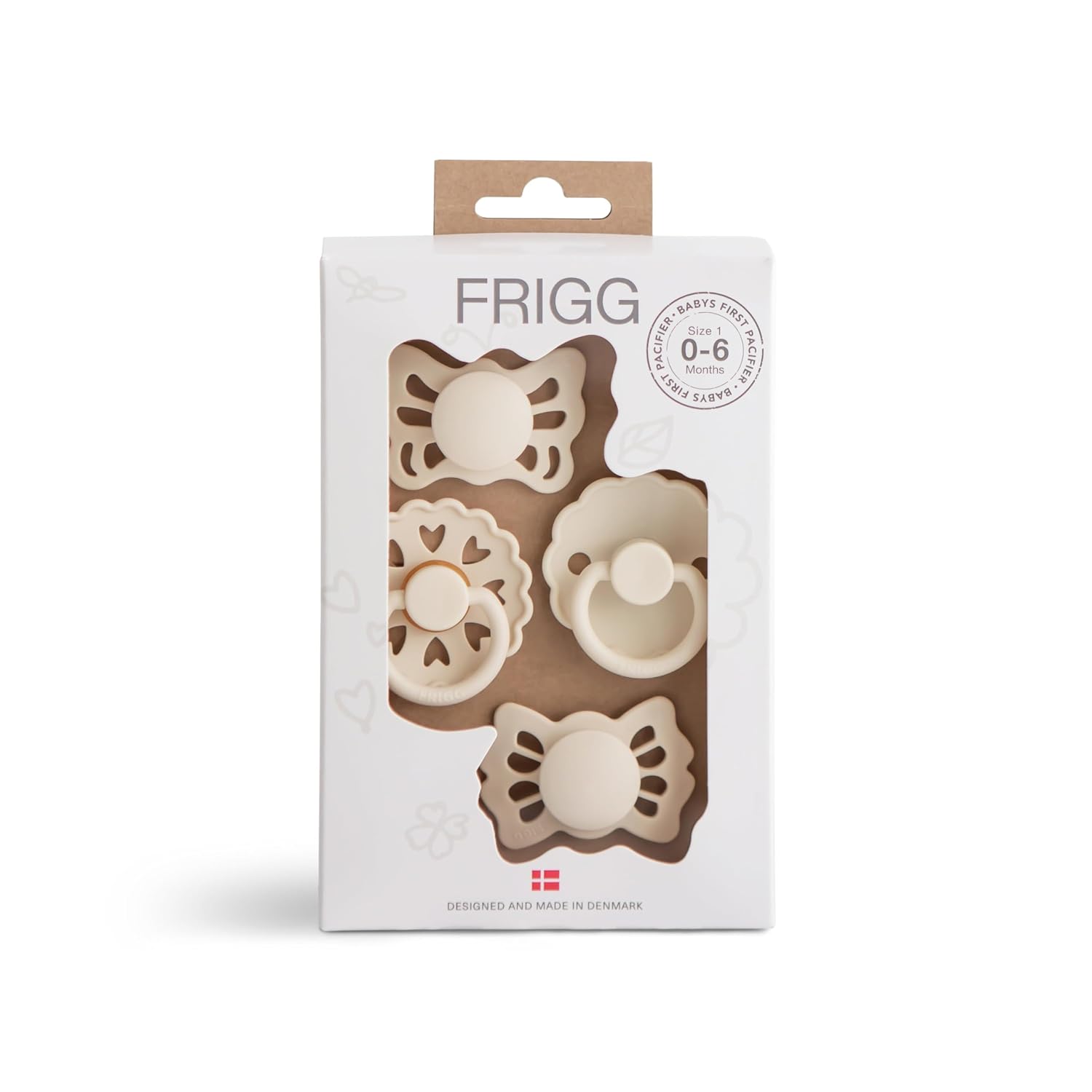 11. FRIGG Baby's First Chupetes - Paquete de 4 chupetes con diseño de corazón floral, fabricados en Dinamarca, sin BPA (crema, 0-6 meses)
