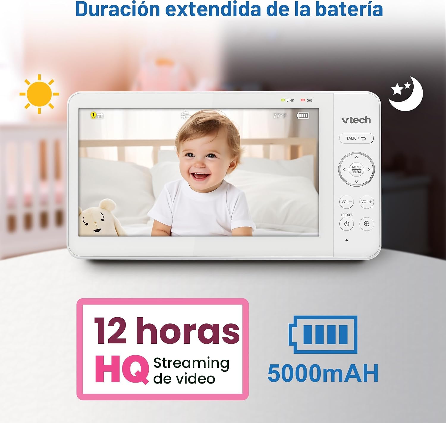 1. VTech Monitor de bebé sin WiFi, pantalla IPS de 7 pulgadas, batería de 5000 mAh 12 horas, PTZ de 360°, zoom 4X, visión nocturna, luz nocturna