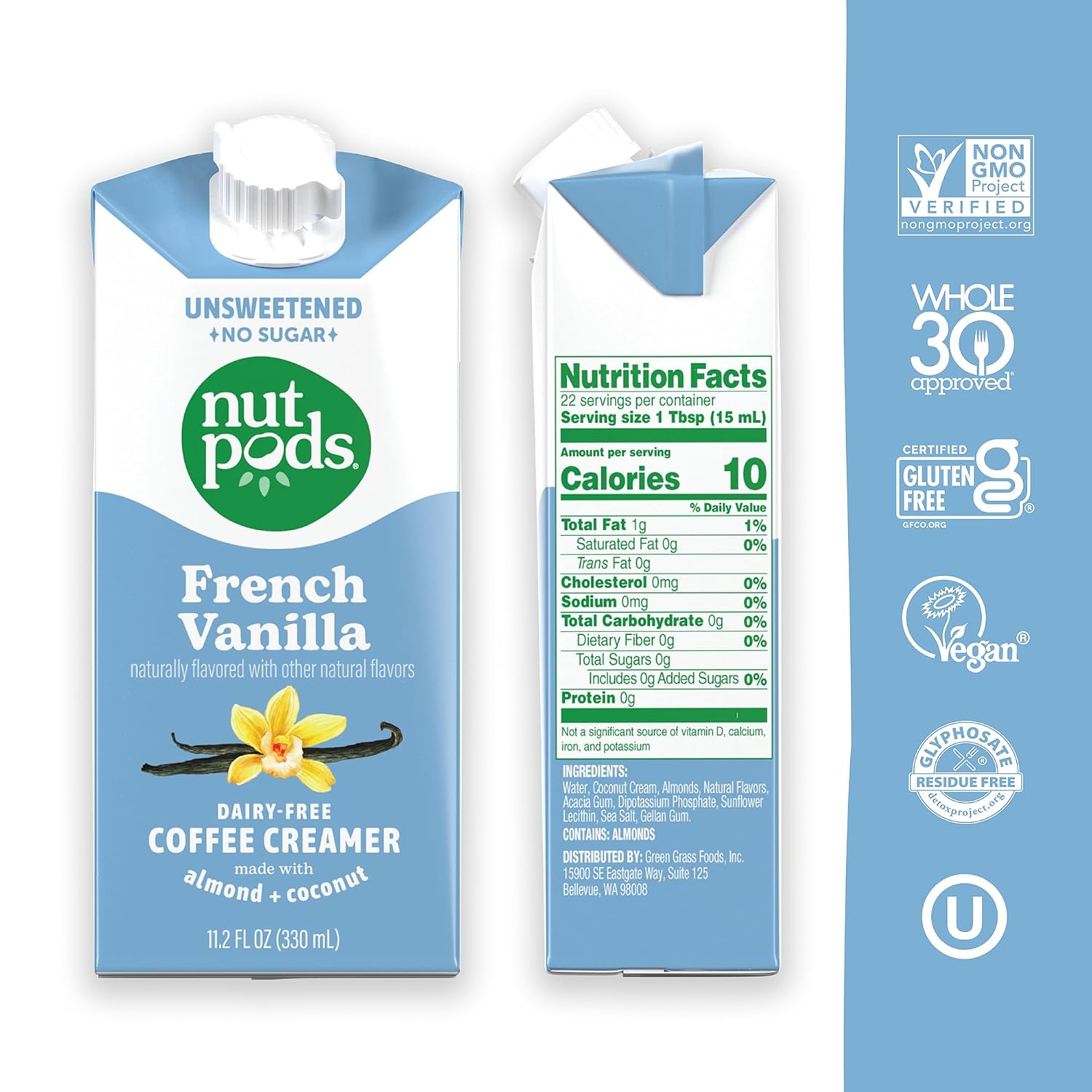 20. nutpods Crema de Vainilla Francesa – Sin Azúcar Sin Lácteos Hecha de Almendras y Cocos – Crema Keto, Whole30, Sin Gluten, Sin OGM, Vegana, Sin