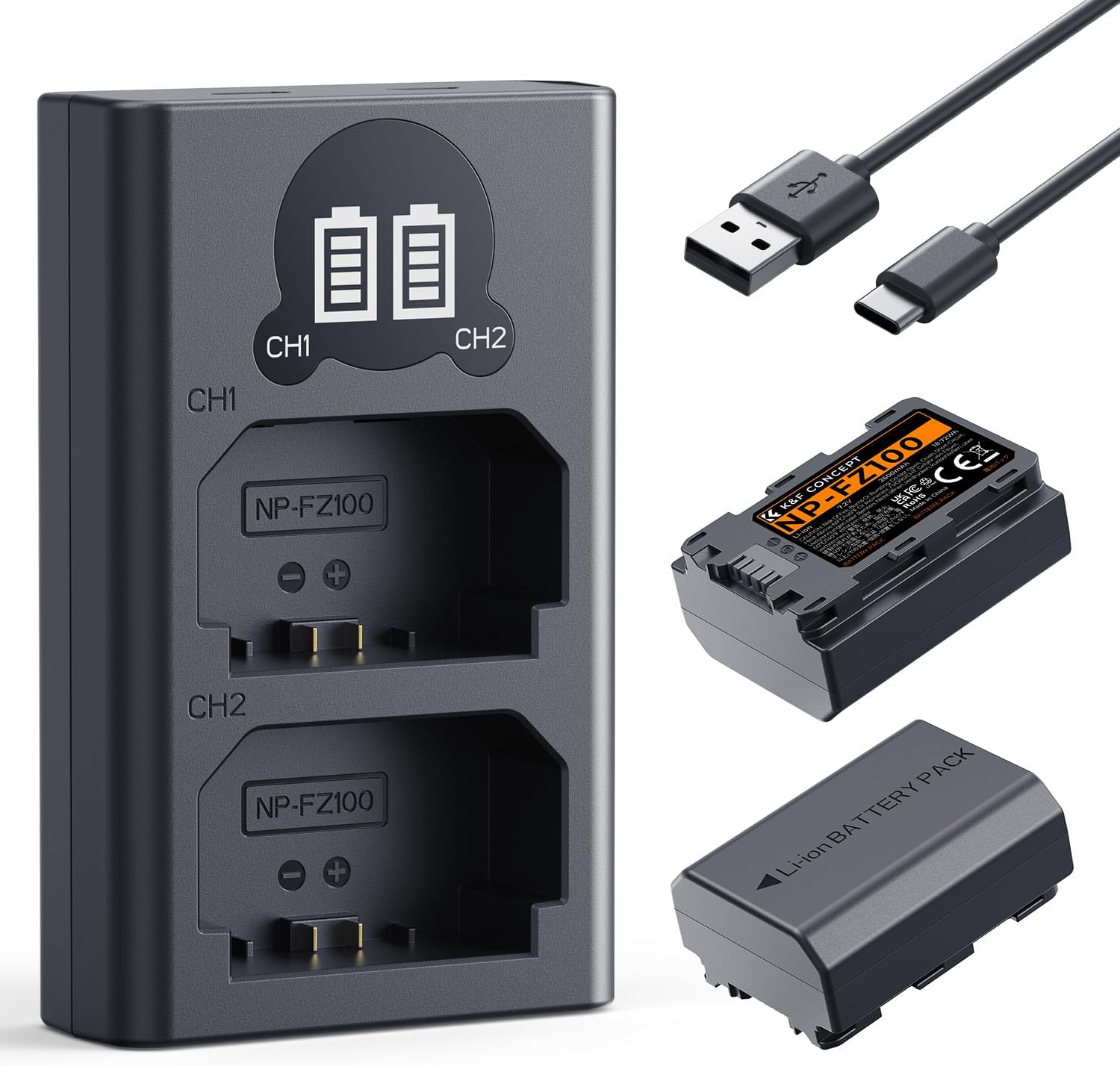 1. K&F CONCEPT Juego de batería y cargador NP-FZ100 de 2600 mAh, compatible con baterías A7iii A7 III, A7iv, FX3, FX30, A6600, A7C, A6700, A7RIV