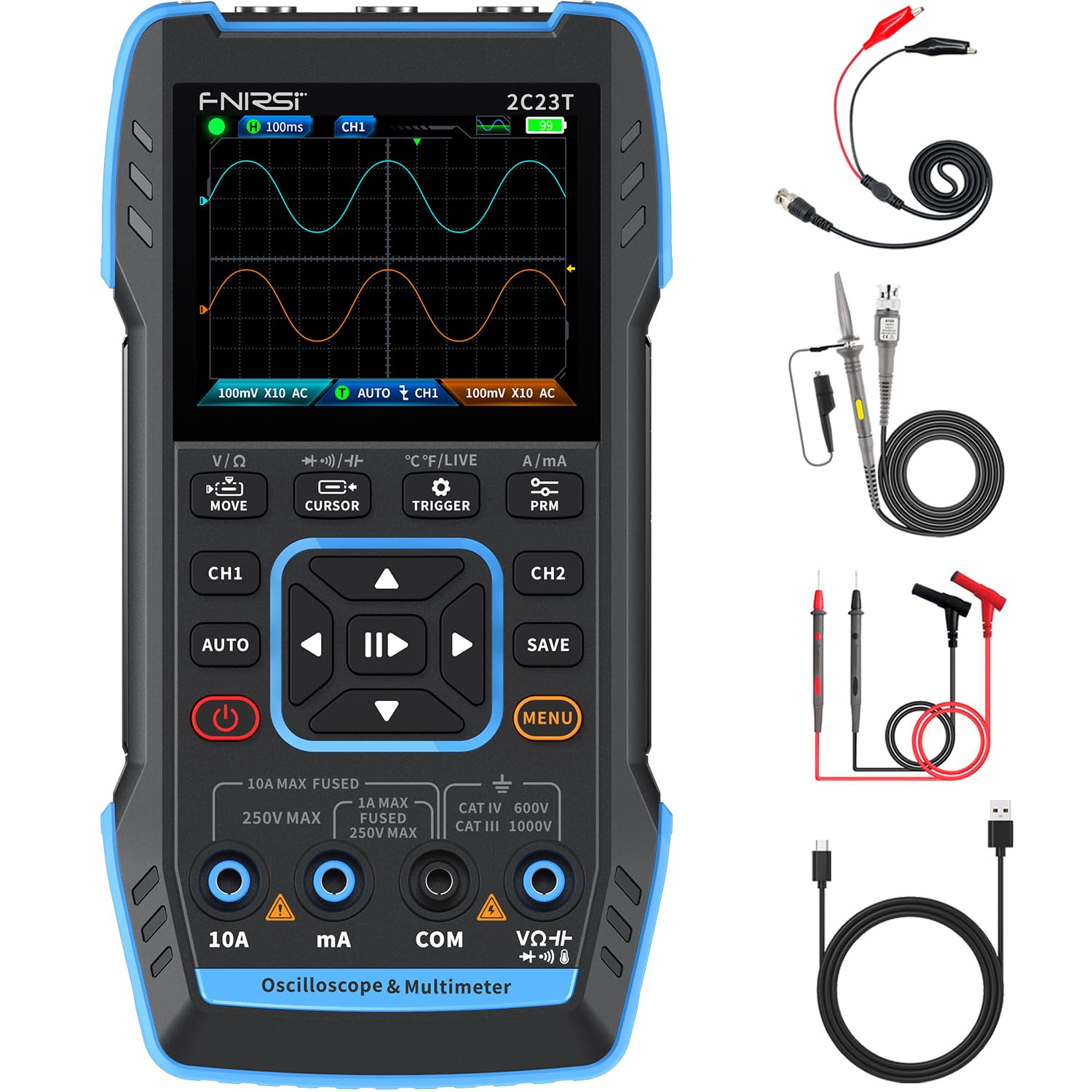 5. FNIRSI 2C23T Osciloscopio portátil multifunción de 3 en 1, generador DDS, 2 canales, ancho de banda de 10 MHz, frecuencia de muestreo de 50 MSa/s