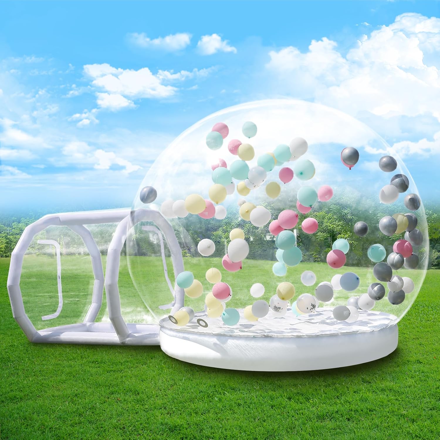 1. Domo inflable de burbujas de 10.5 pies con salto para niños, tienda de campaña inflable de PVC transparente con túnel, casa de gorila de globos de